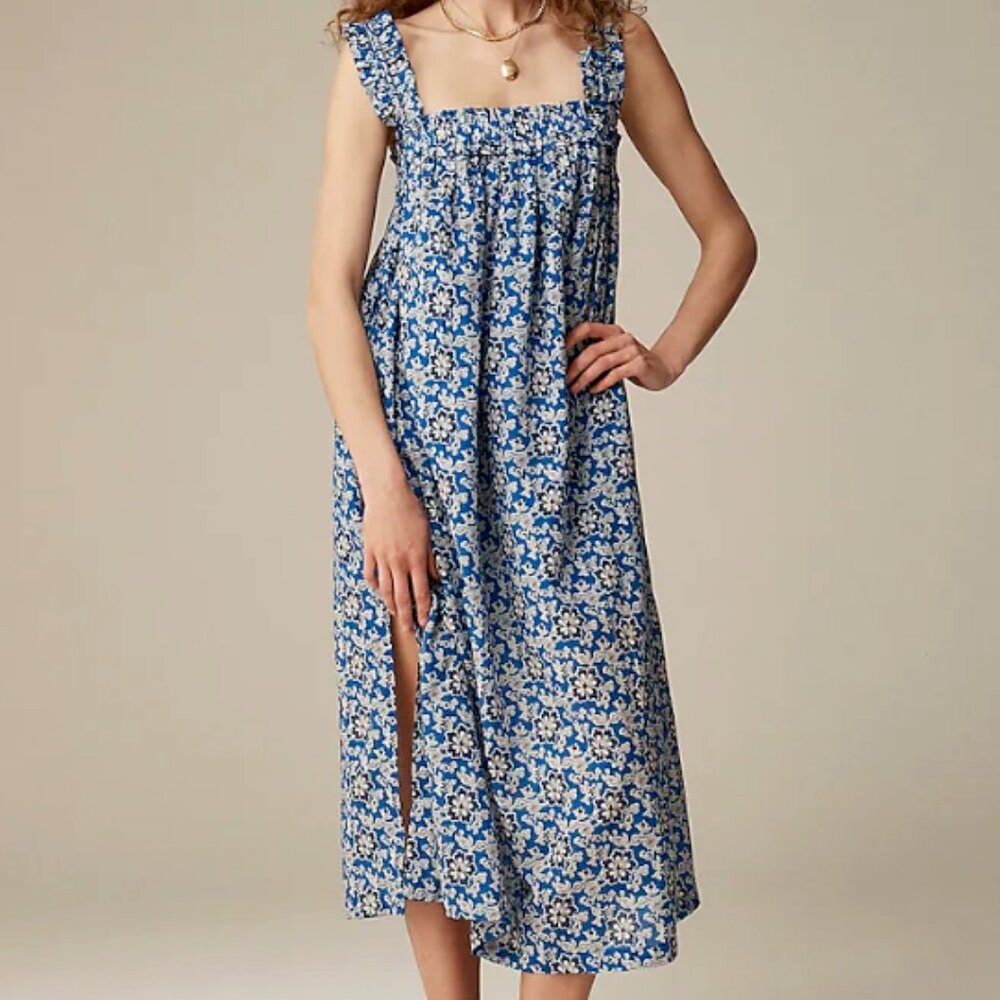Cotton Voile Ruffle-Trim Shift Dress in cobalt floral